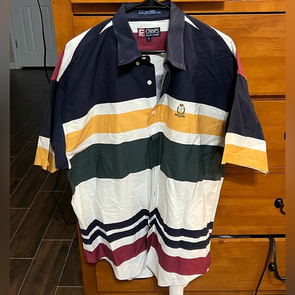 Vintage 90s Chaps Ralph Lauren Striped Infinity Crest Logo SS Button Up Shirti - Picture 1 of 3
